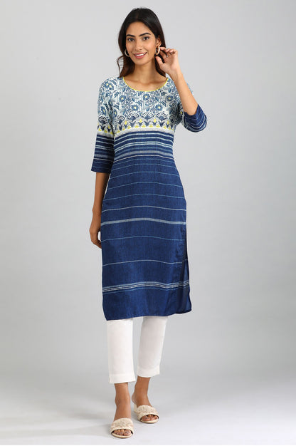 Blue Round Neck Printed kurta