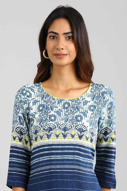 Blue Round Neck Printed kurta