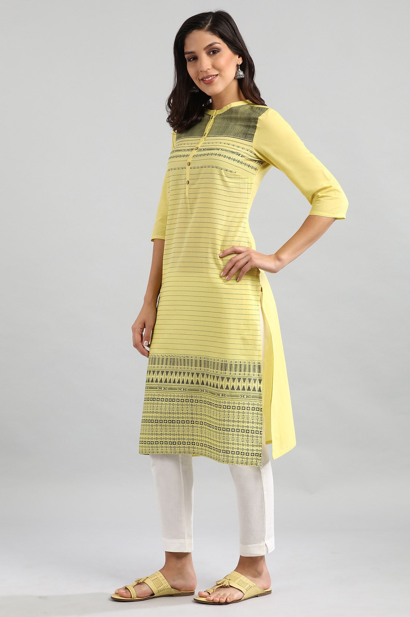 Yellow Mandarin Neck Printed kurta