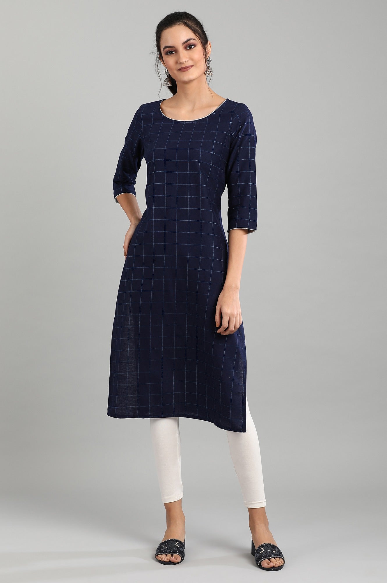 Blue Round Neck Checked kurta