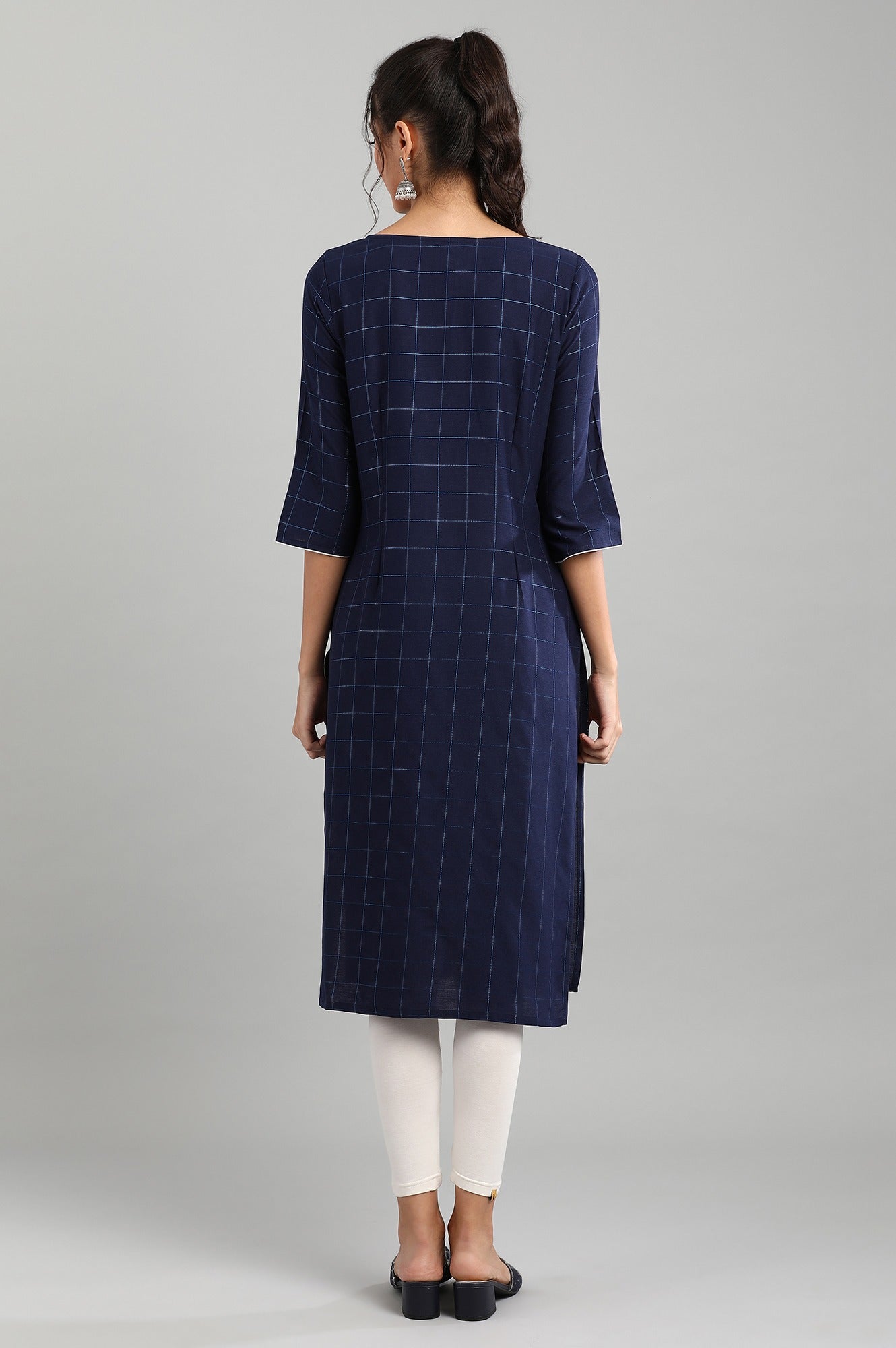 Blue Round Neck Checked kurta