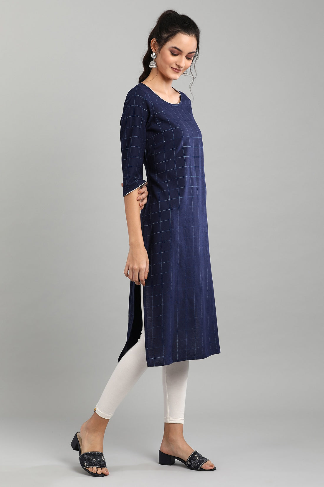 Dark Blue Round Neck Printed kurta