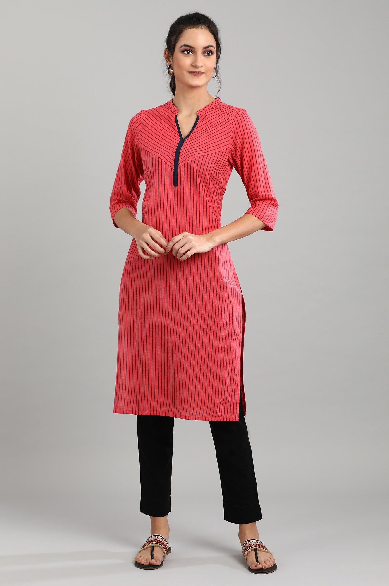 Red Mandarin Neck Striped kurta