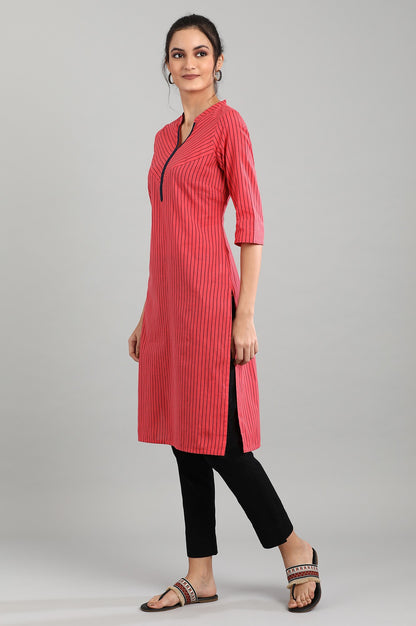 Red Mandarin Neck Striped kurta