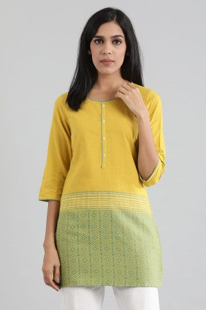 Yellow Round Neck Printed Yarn-Dyed kurta - XS