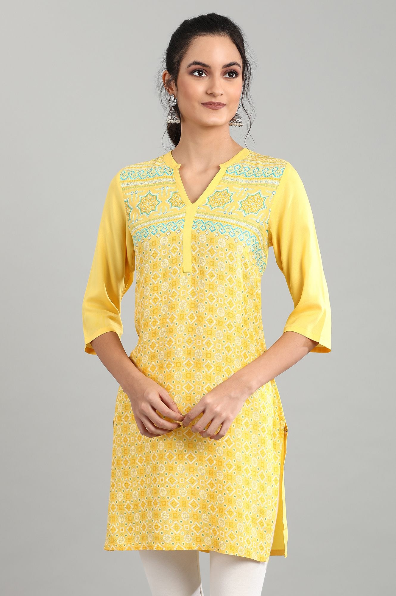 Yellow Mandarin Collar Printed kurta