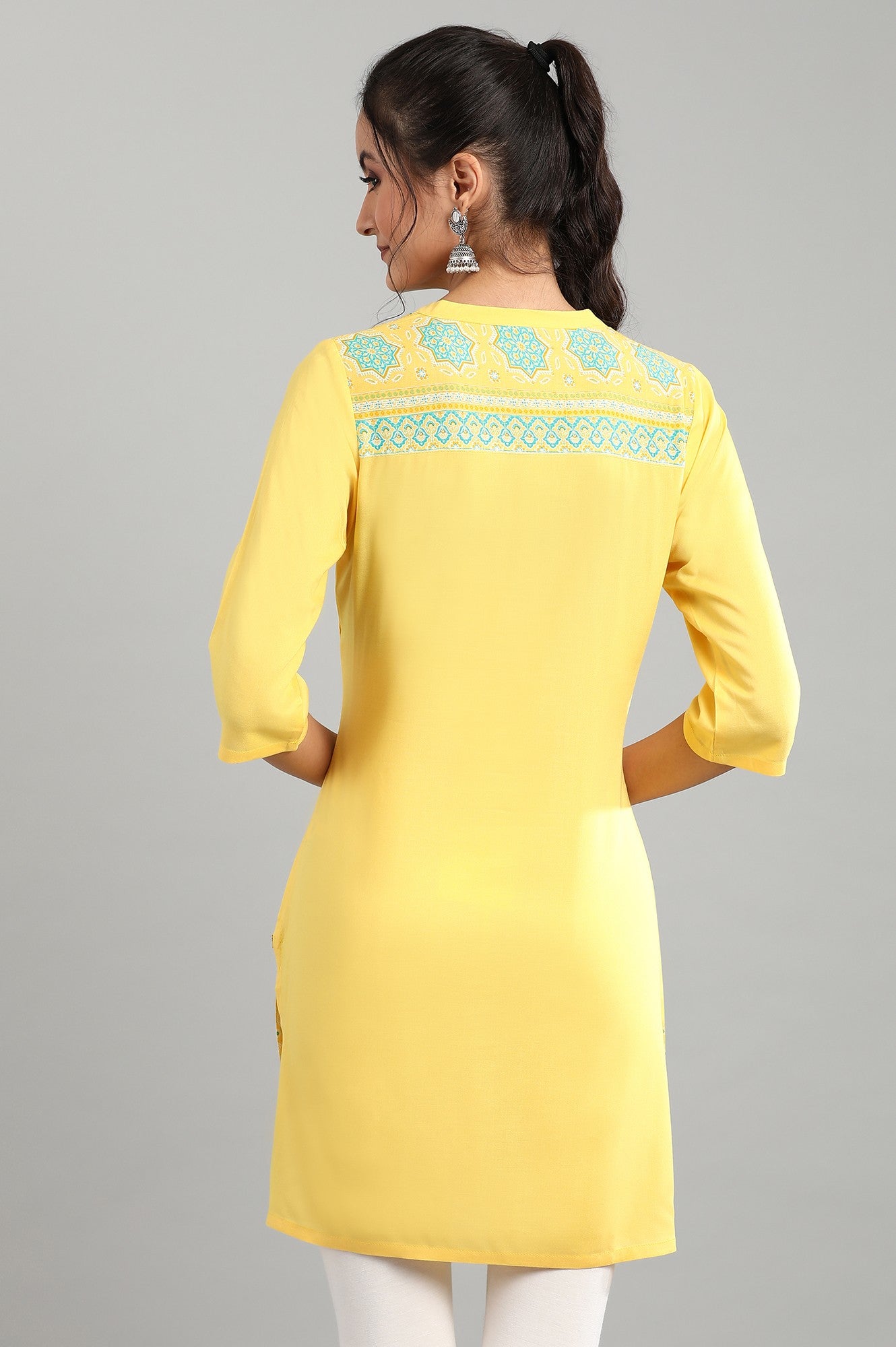 Yellow Mandarin Collar Printed kurta