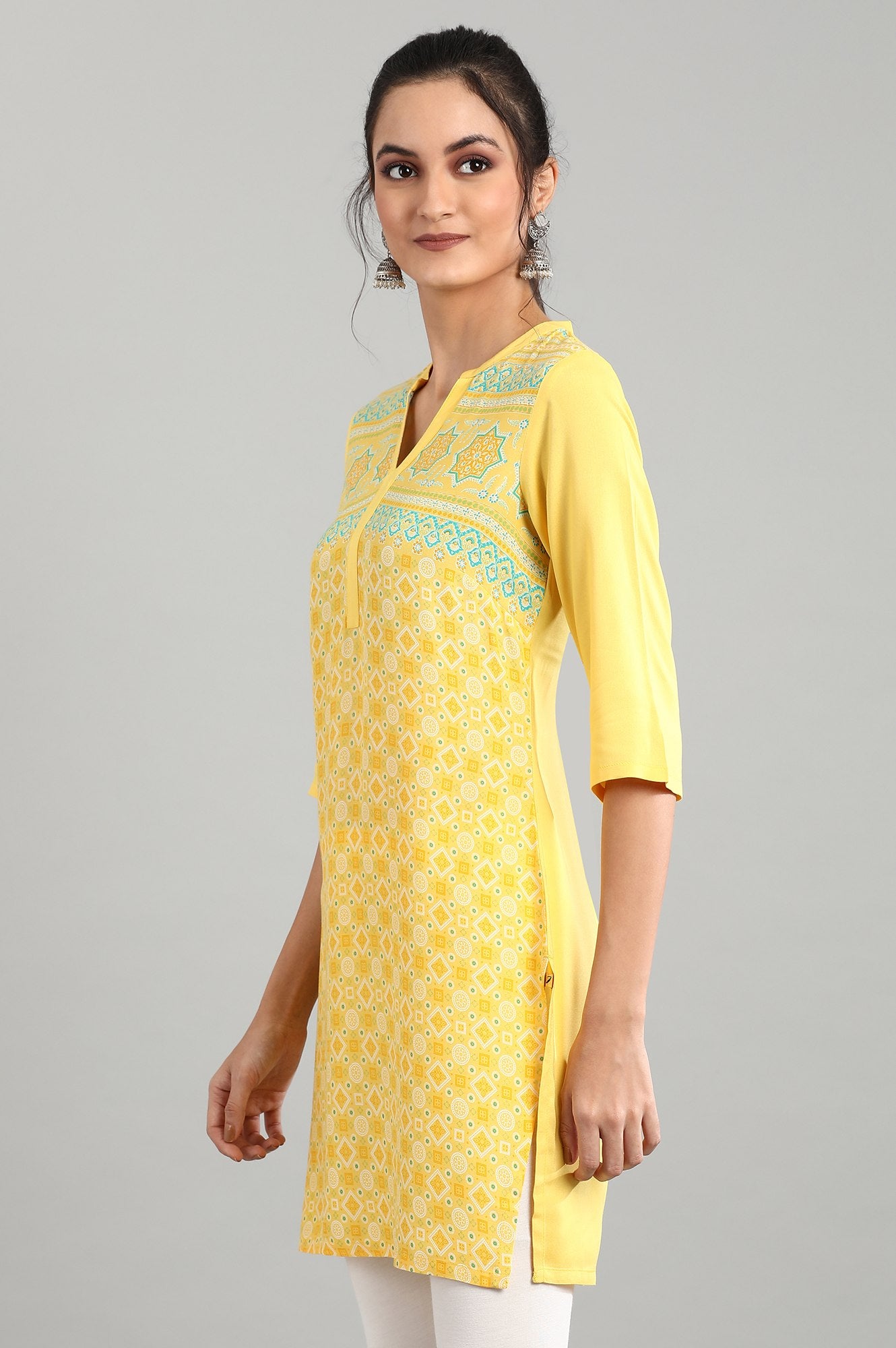 Yellow Mandarin Collar Printed kurta