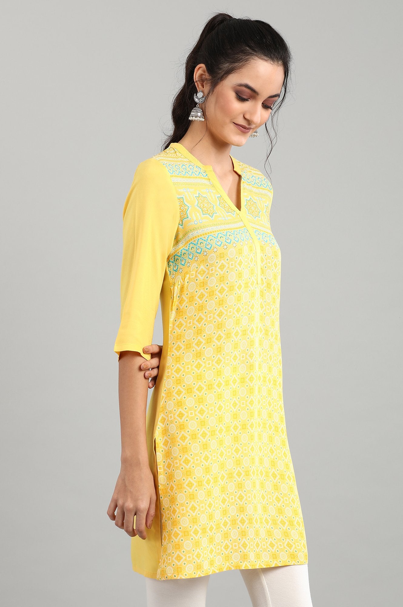 Yellow Mandarin Collar Printed kurta