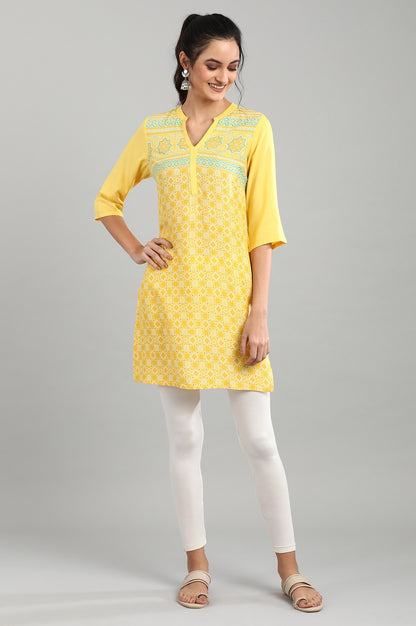 Yellow Mandarin Collar Printed kurta