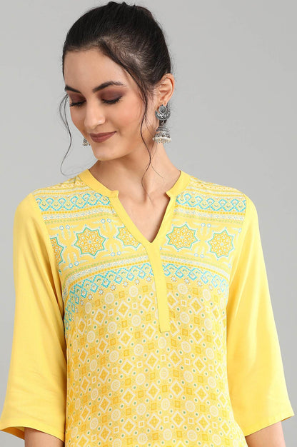 Yellow Mandarin Collar Printed kurta