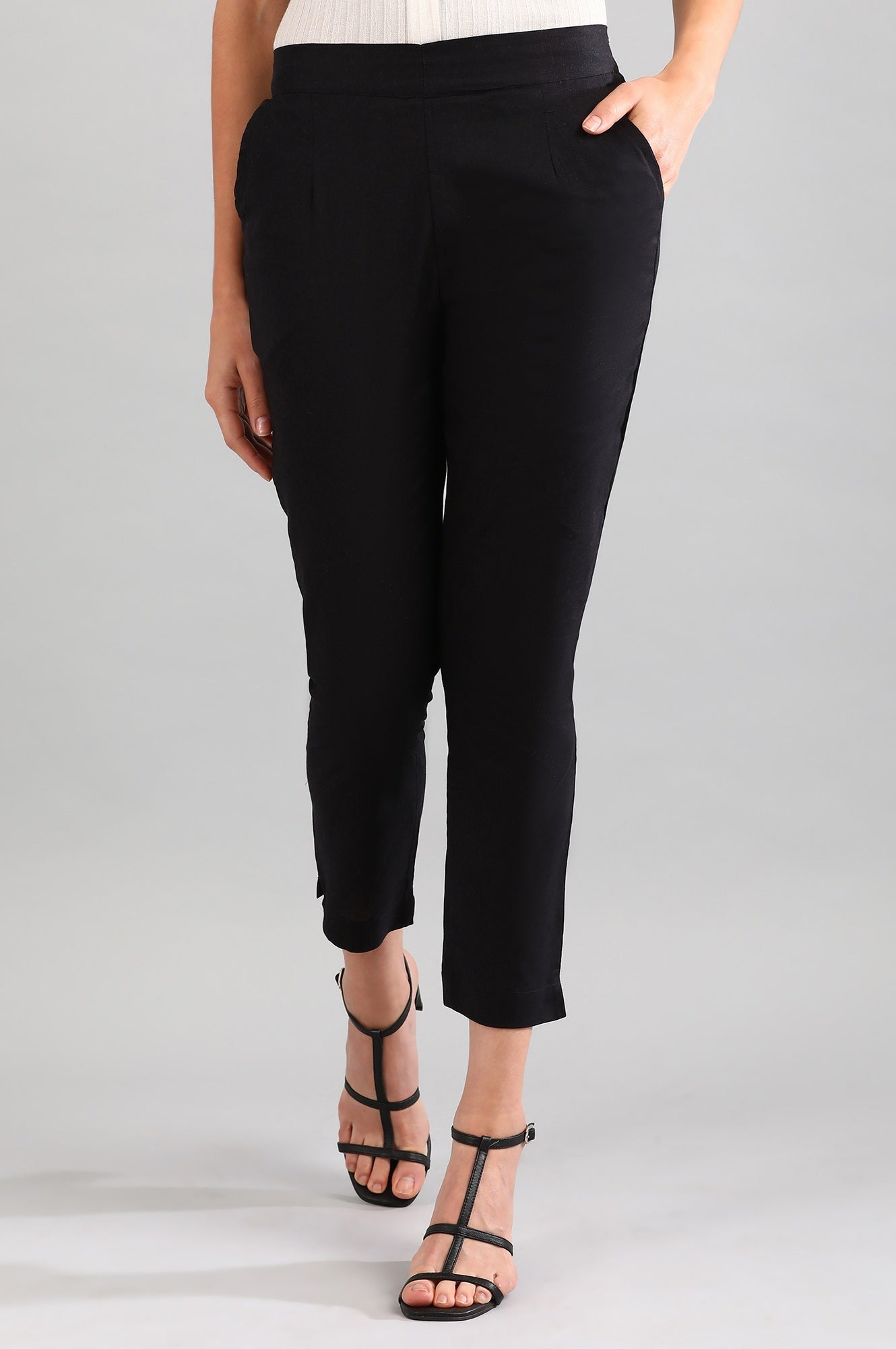 Black Cotton Flax Women Trousers