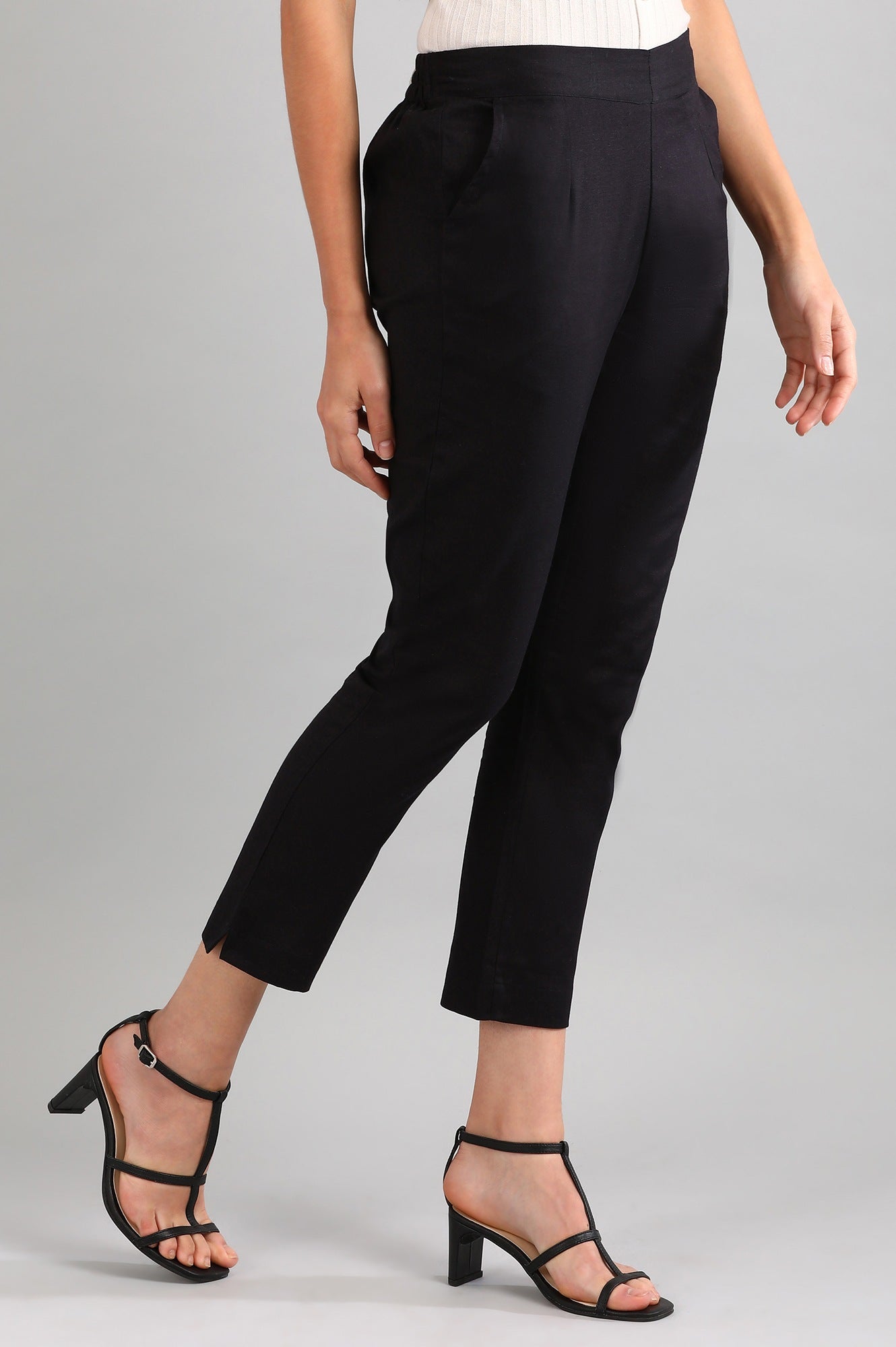 Black Cotton Flax Women Trousers