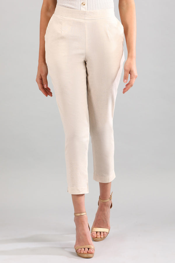 Elleven Women's Beige Solid Straight Fit Cotton Trousers With Elasticated Back