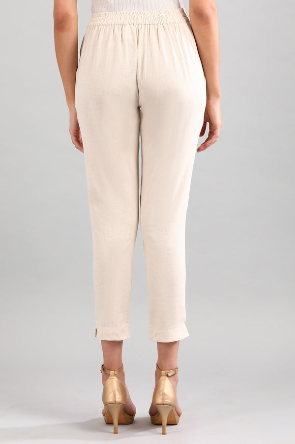 Elleven Women's Beige Solid Straight Fit Cotton Trousers With Elasticated Back