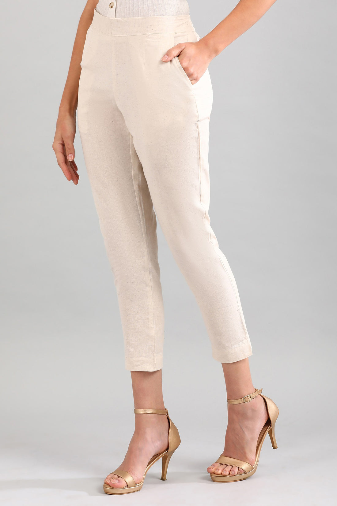 Beige Solid Plain Straight Cotton Trouser