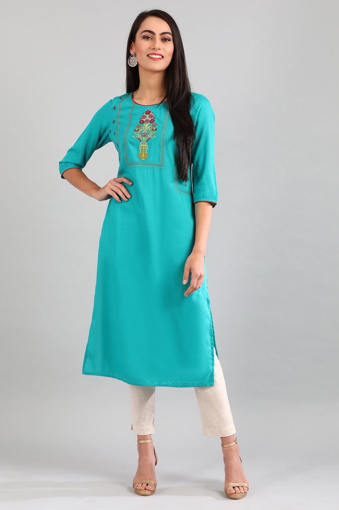 Beige Solid Plain Straight Cotton Trouser