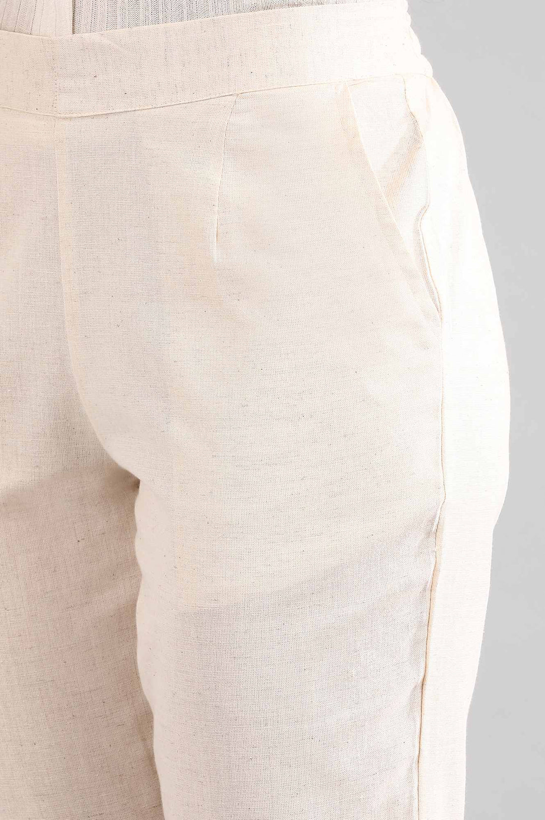 Beige Solid Plain Straight Cotton Trouser