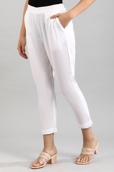 White Solid Women Cotton Flax Trousers