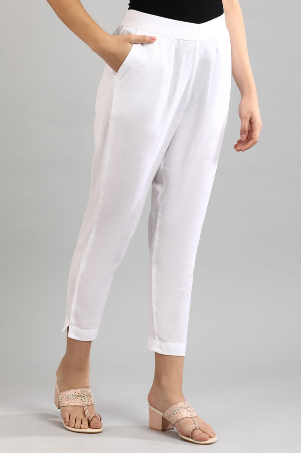 White Solid Women Cotton Flax Trousers