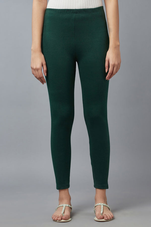 Green Solid Skinny Fit Cotton Tights With Elasticated Waistband