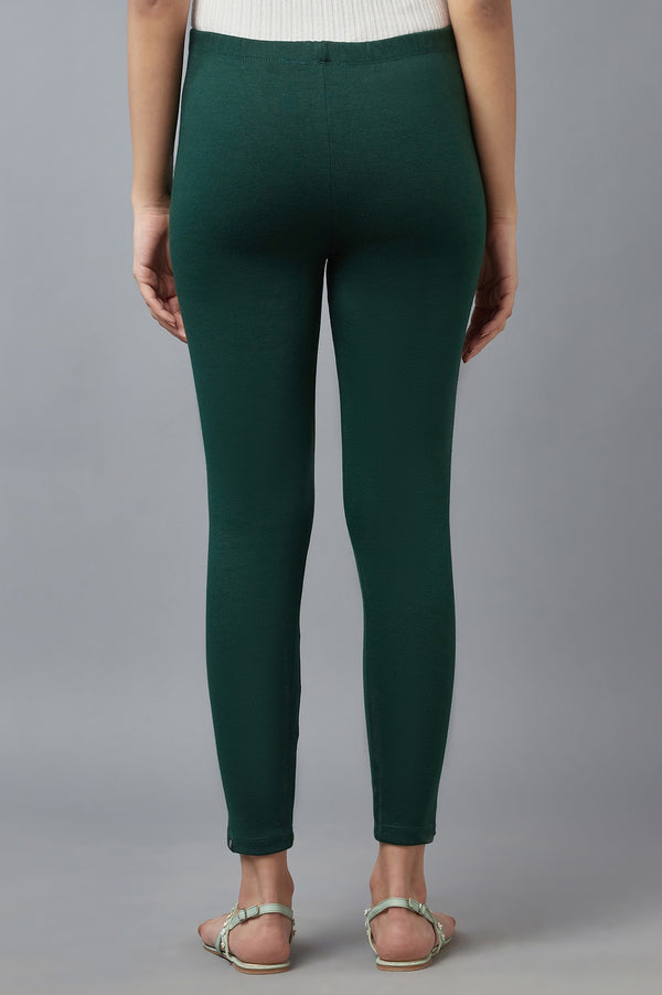 Green Solid Skinny Fit Cotton Tights With Elasticated Waistband