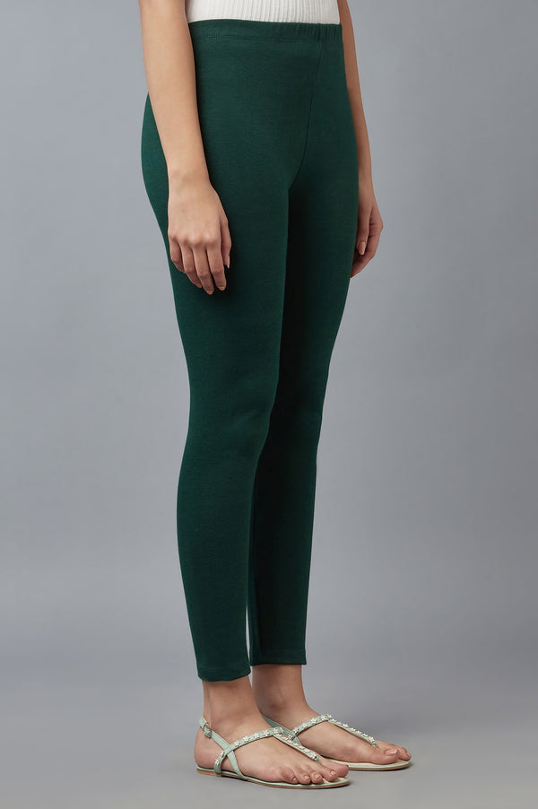 Green Solid Skinny Fit Cotton Tights With Elasticated Waistband