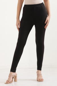 Black Solid Skinny Fit Cotton Tights With Elasticated Waistband