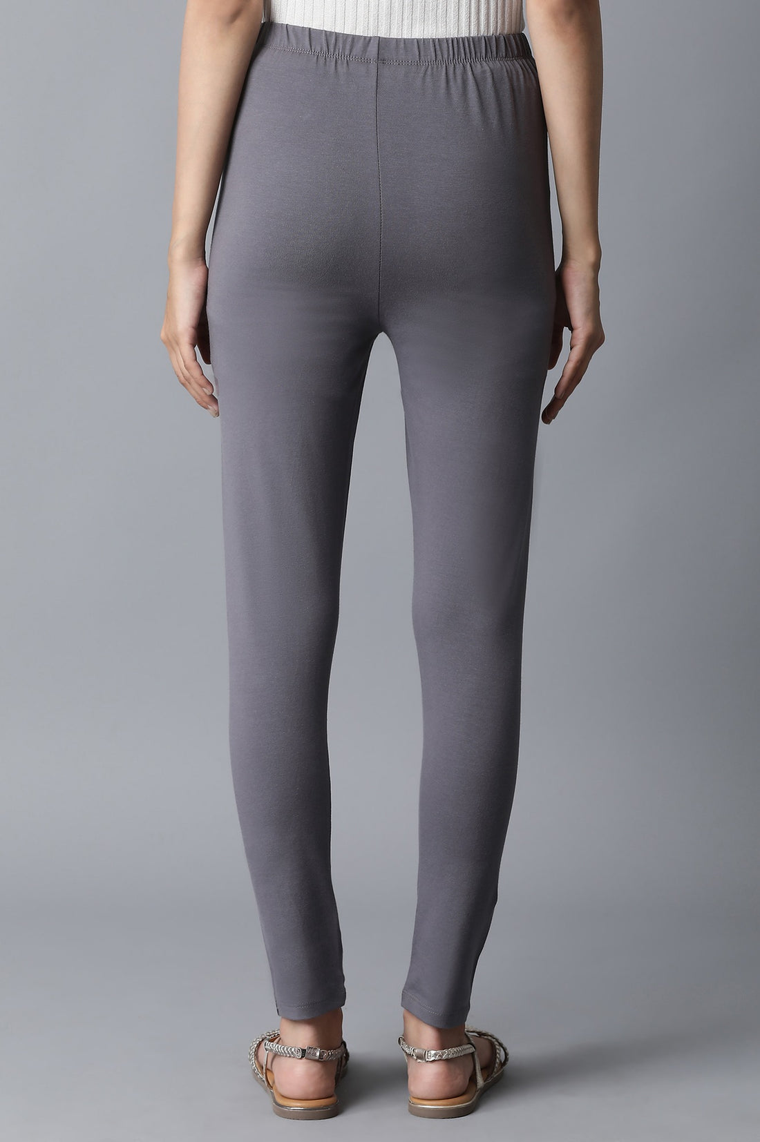 Grey Solid Skinny Fit Cotton Tights With Elasticated Waistband