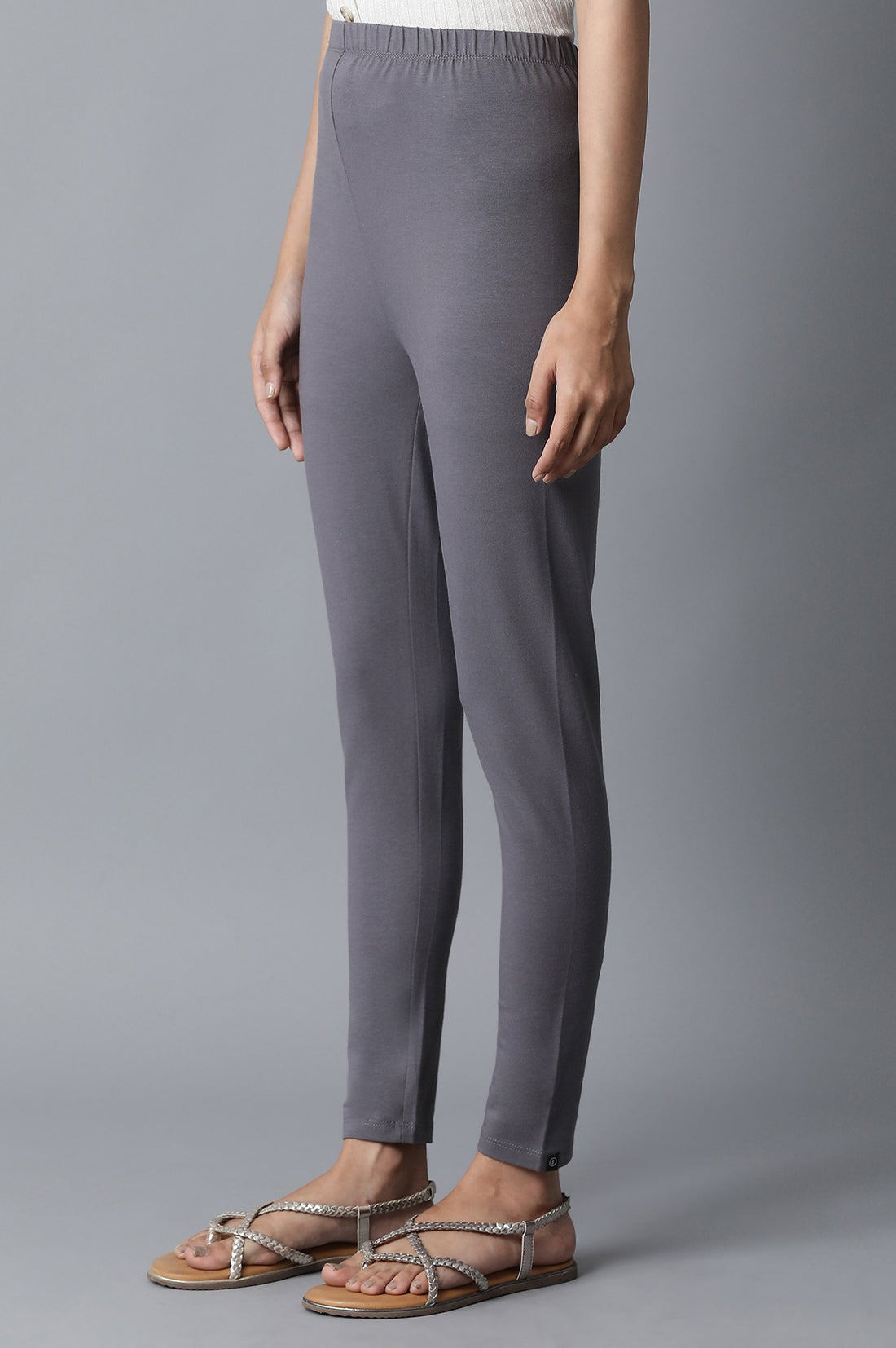 Grey Solid Skinny Fit Cotton Tights With Elasticated Waistband