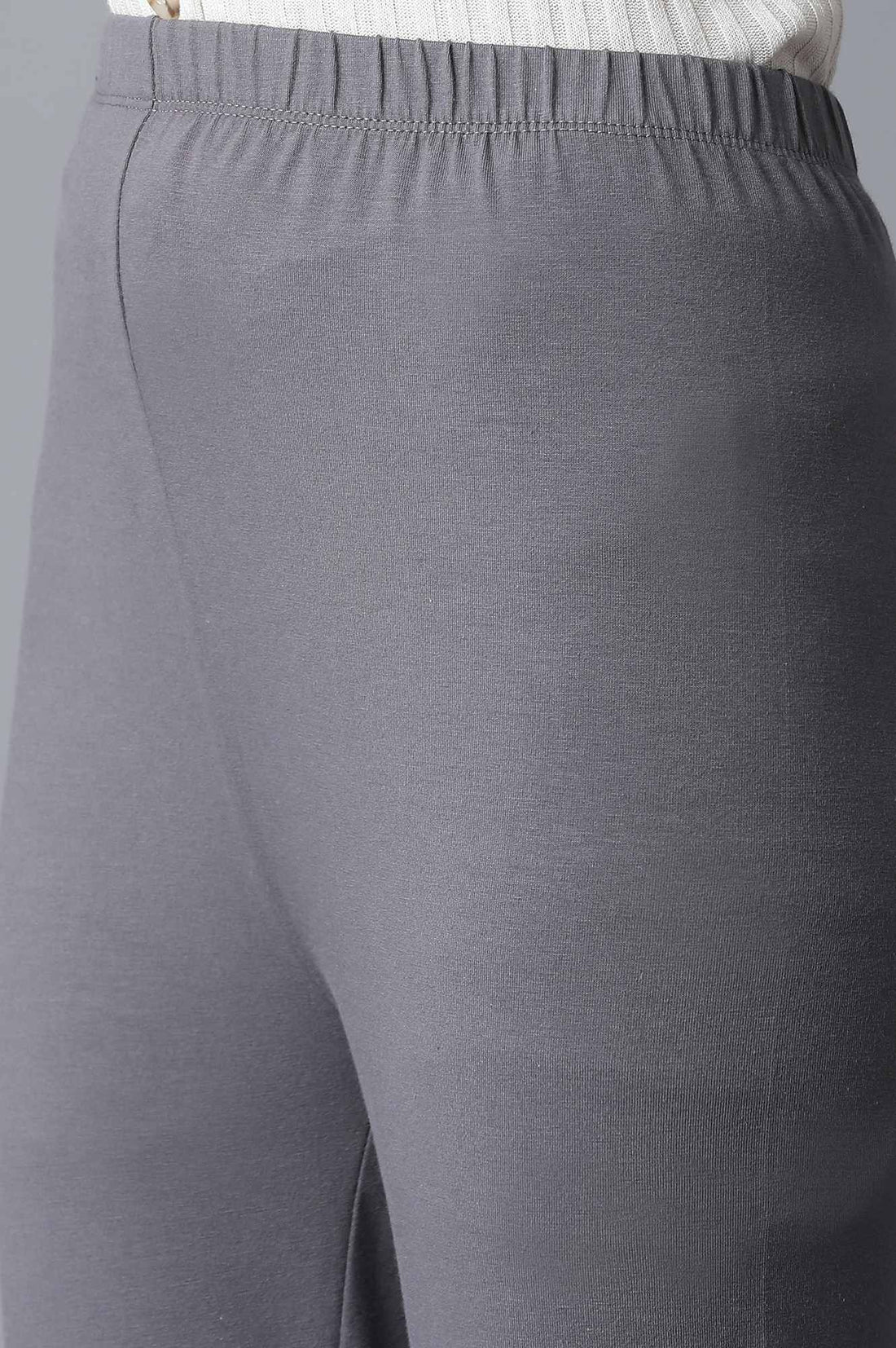 Grey Solid Skinny Fit Cotton Tights With Elasticated Waistband