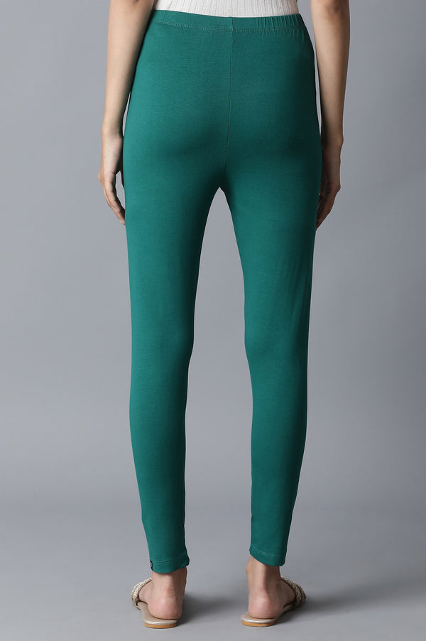 Green Solid Skinny Fit Cotton Tights With Elasticated Waistband
