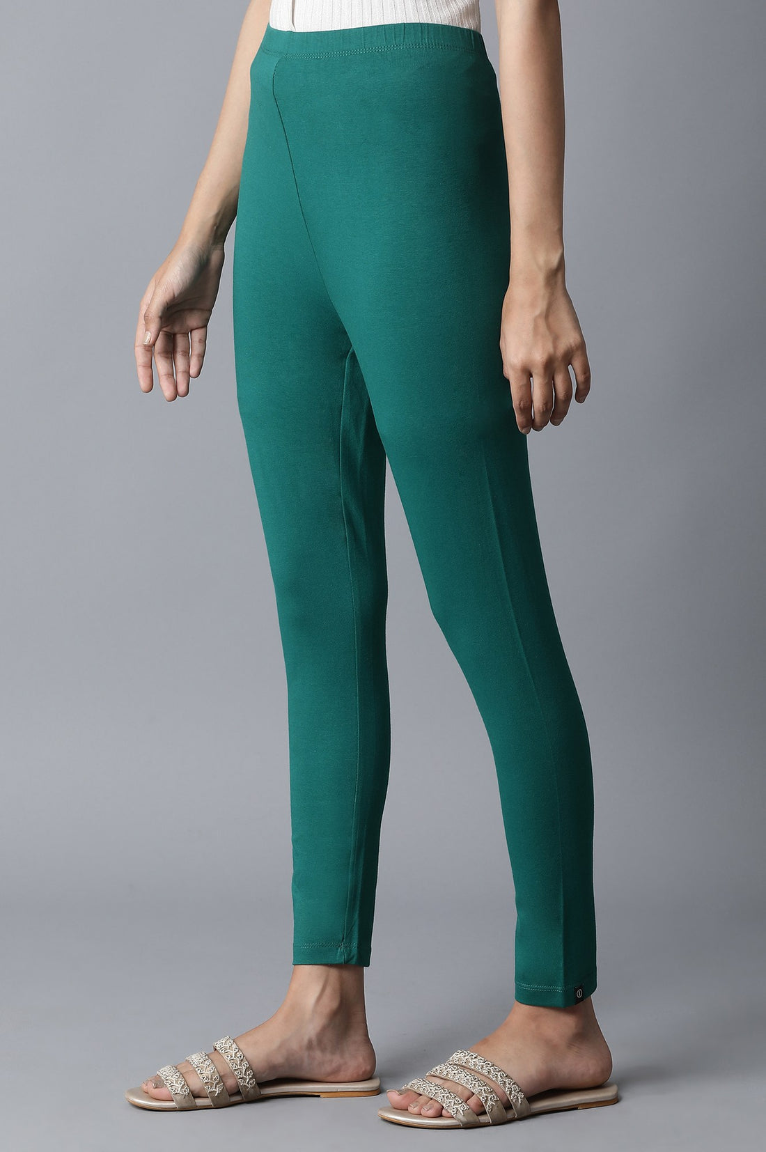 Green Solid Skinny Fit Cotton Tights With Elasticated Waistband