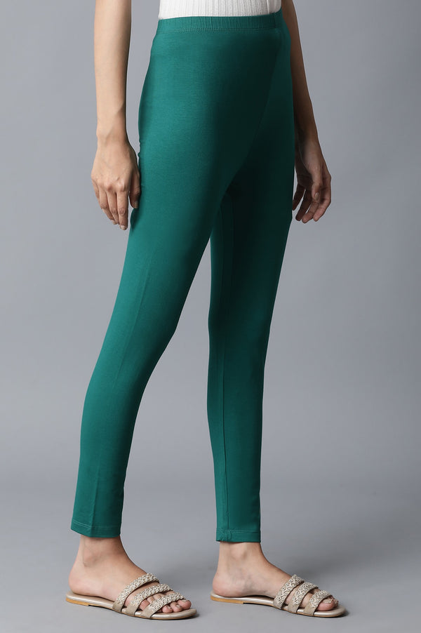 Green Solid Skinny Fit Cotton Tights With Elasticated Waistband