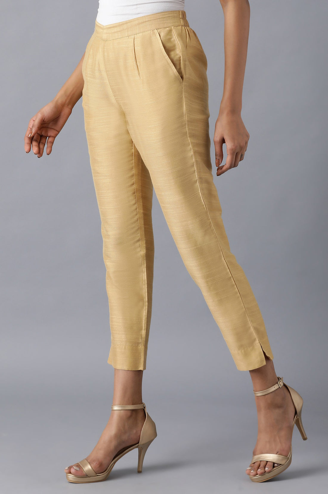 Gold Solid Straight Fit Trousers With Side Pockets