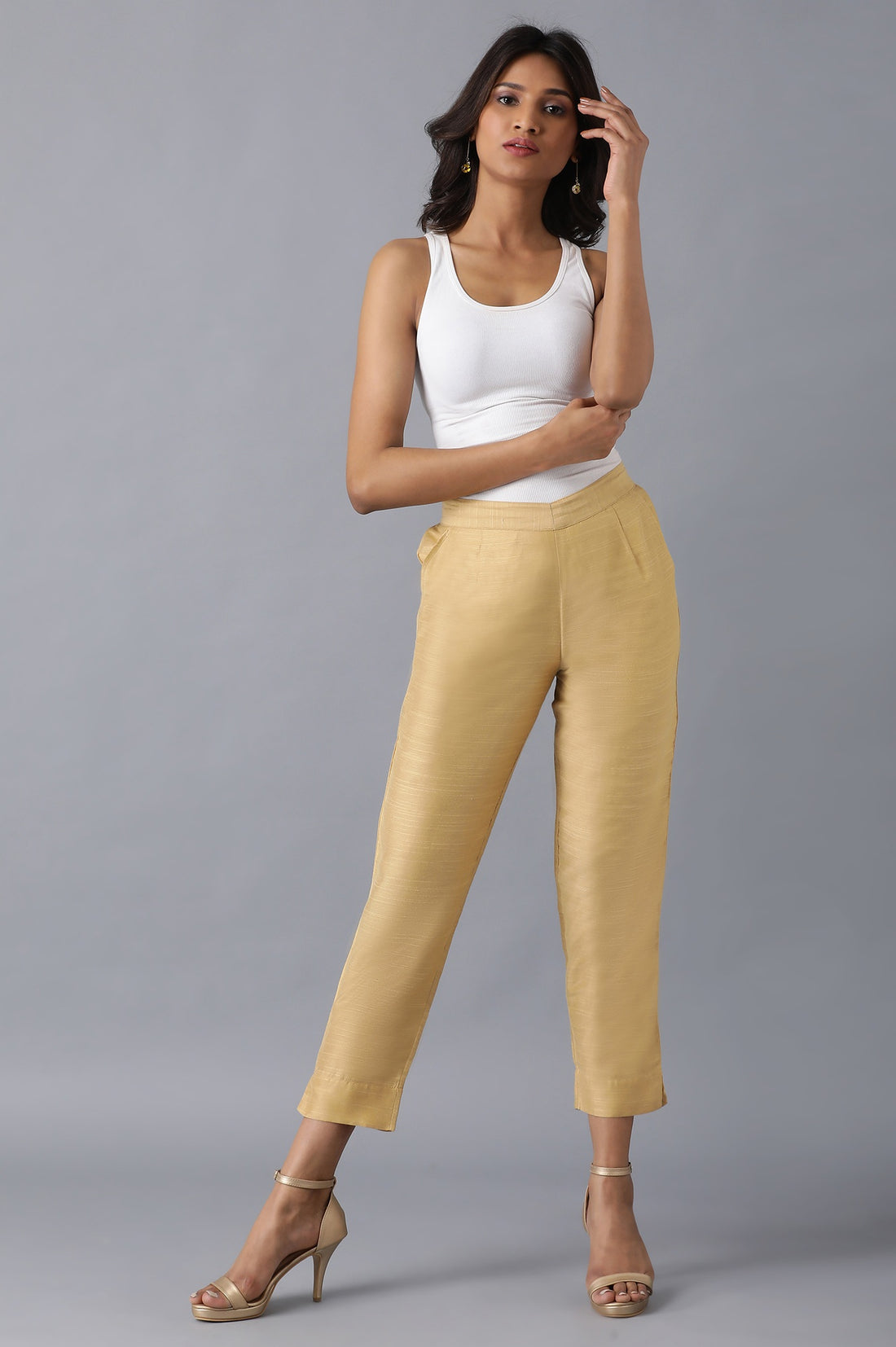 Gold Solid Straight Fit Trousers With Side Pockets