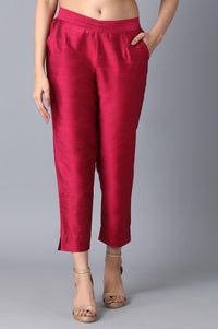 Pink Solid Straight Fit Woven Pants With Elasticated Waistband