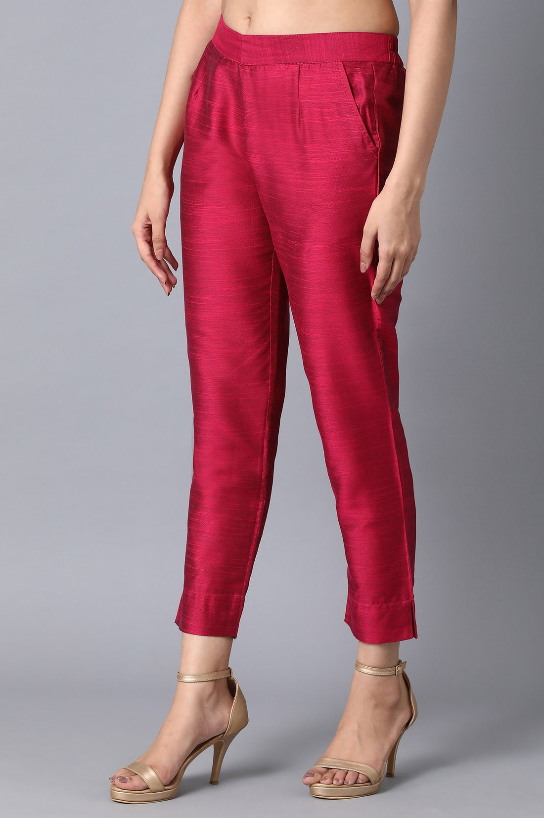 Pink Solid Straight Fit Woven Pants With Elasticated Waistband