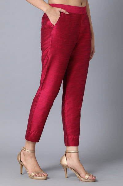 Pink Solid Straight Fit Woven Pants With Elasticated Waistband