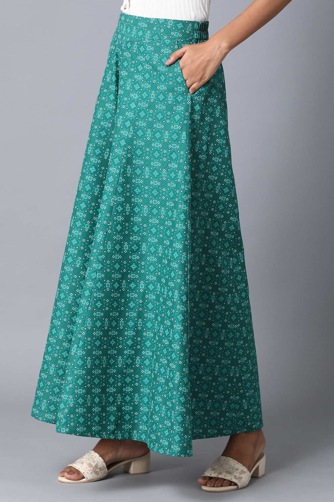 Teal Geometric Printed Flared Cotton Palazzo With Elasticated Waist