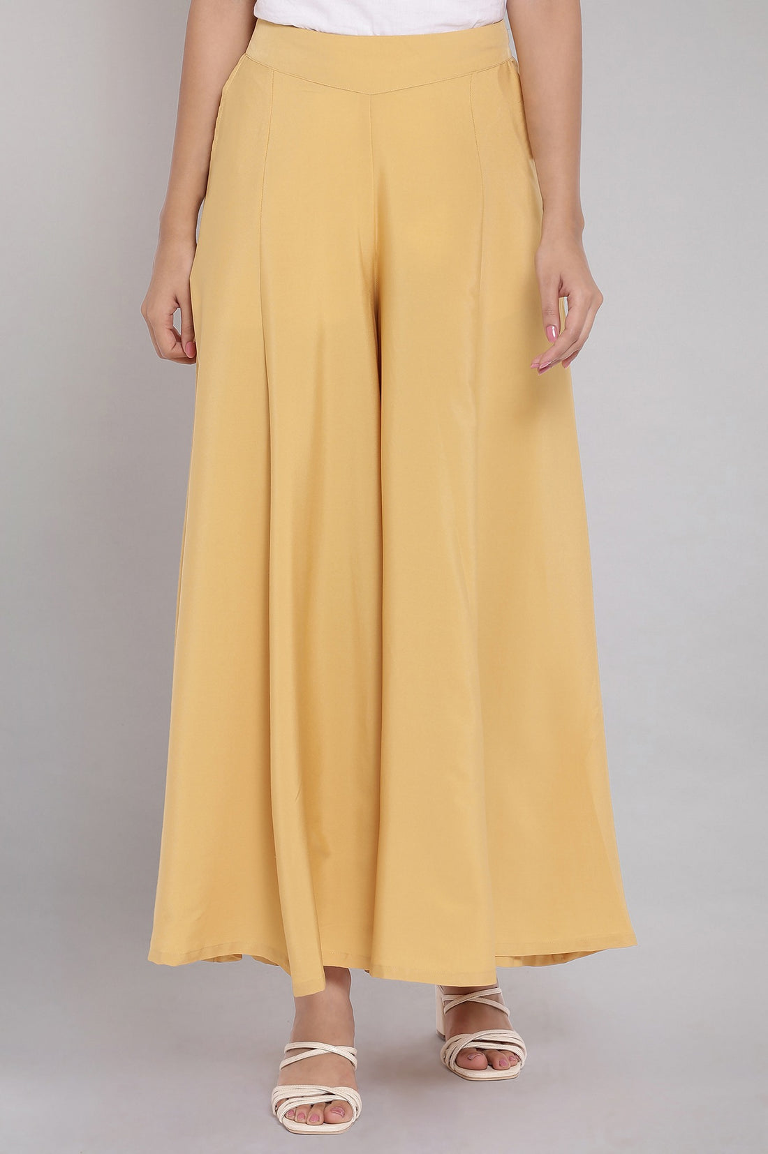 Buy Gold Solid Flared Cotton Palazzo With Slip On Closure Online