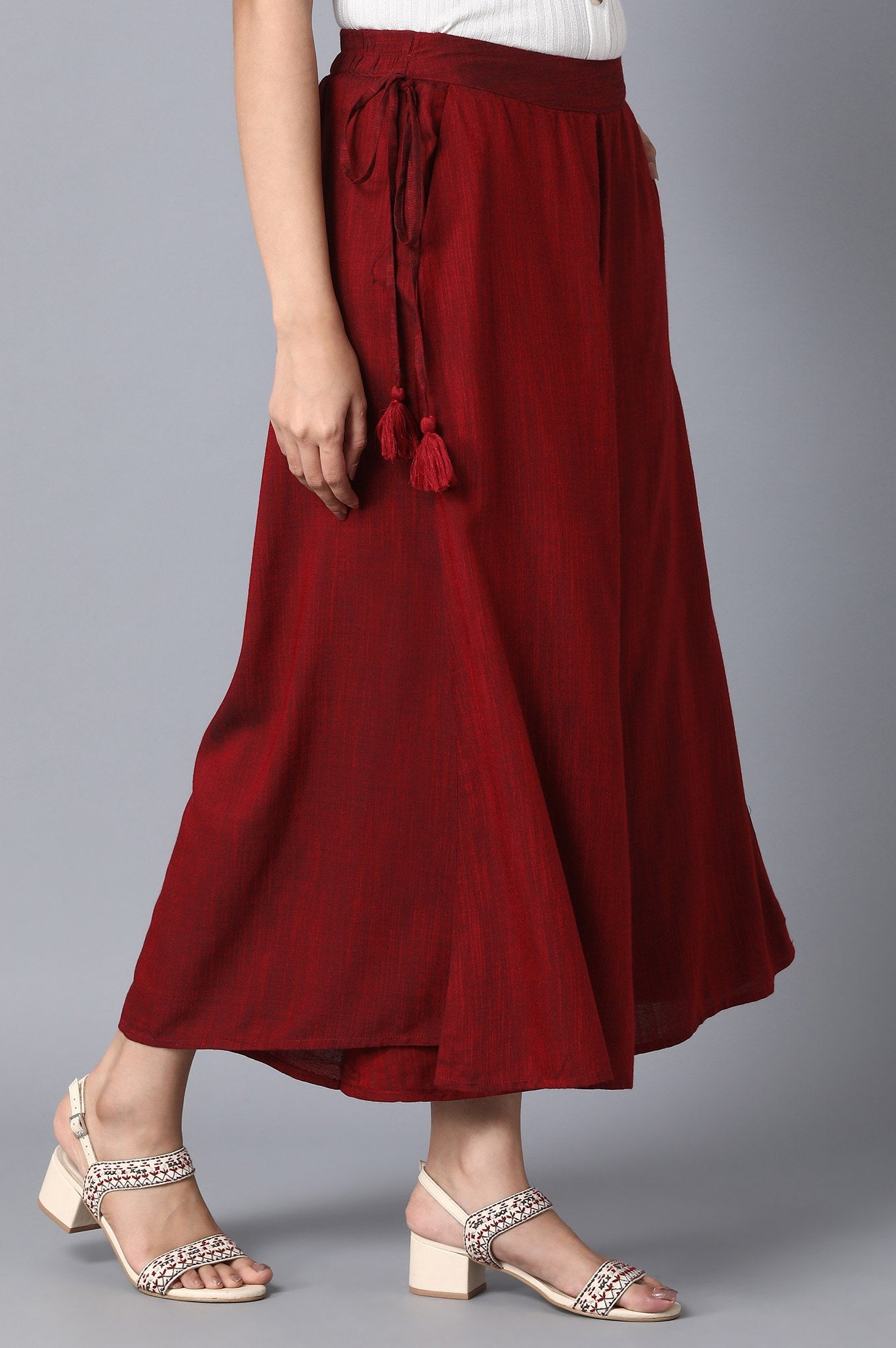 Red Vegetable store Dyed Cotton Culottes, Mid Rise Culottes, Solid Calf Length Culottes, Pant With Pockets