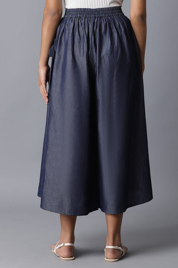 Navy Blue Solid Flared Cotton Culottes With Elasticated Waist