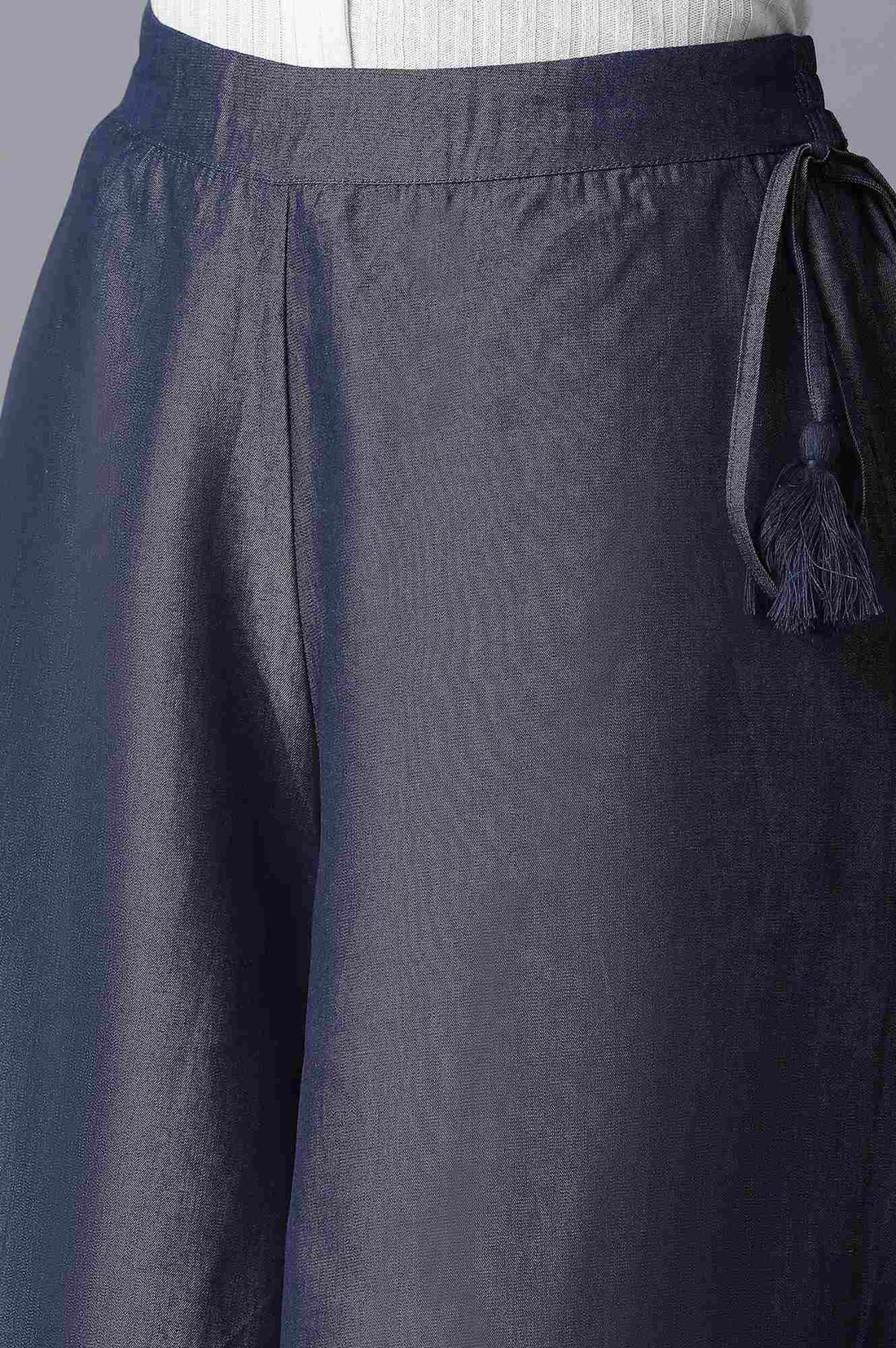 Navy Blue Solid Flared Cotton Culottes With Elasticated Waist