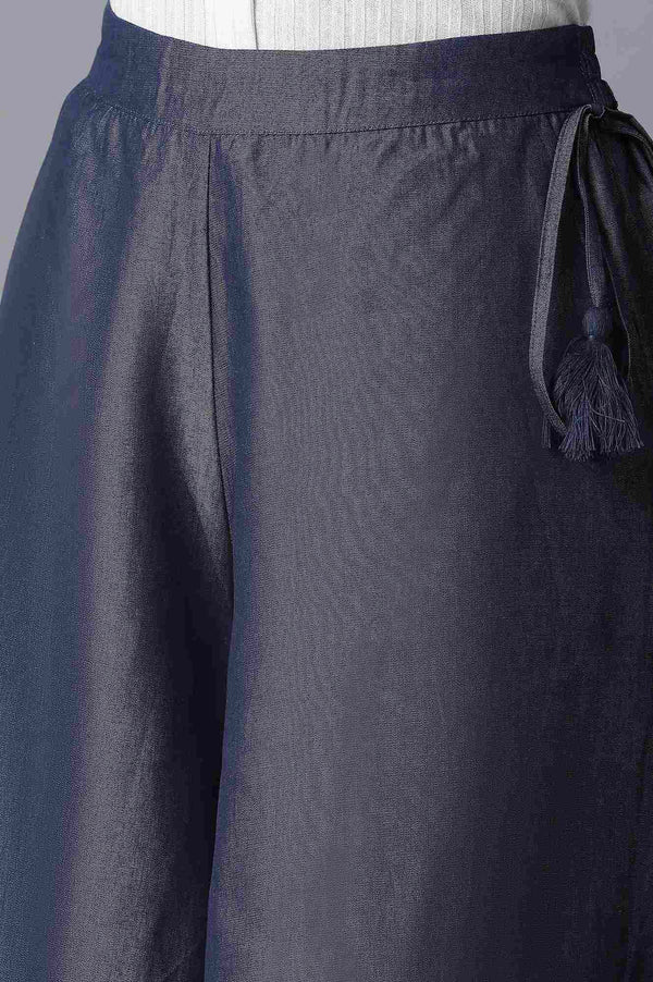 Navy Blue Solid Flared Cotton Culottes With Elasticated Waist