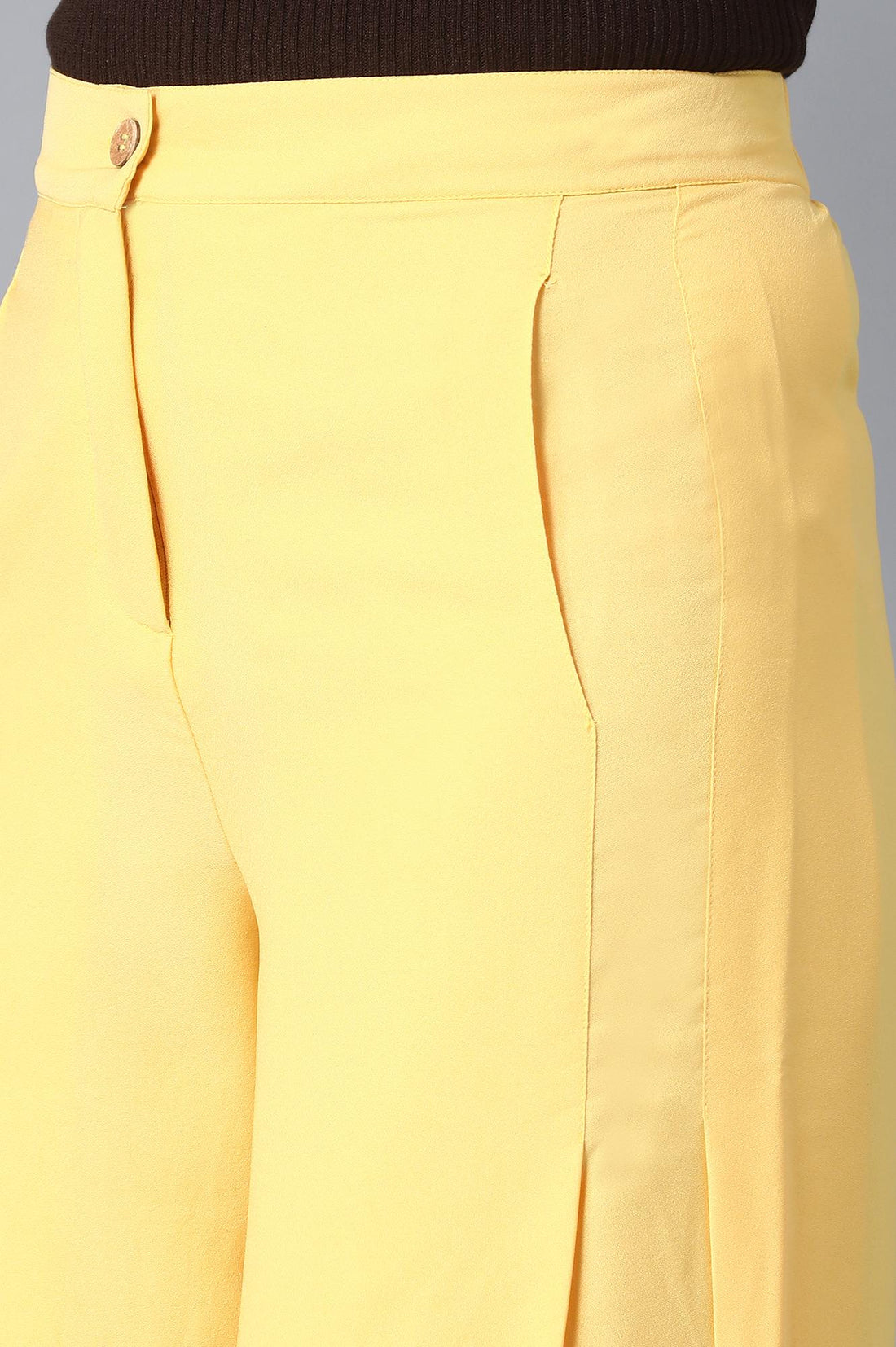 Yellow Solid Flared Woven Palazzo With Front Zip