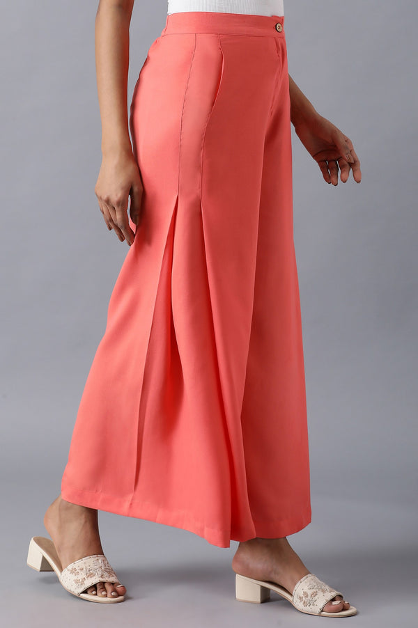 Pink Solid Flared Woven Palazzo With Side Pleats