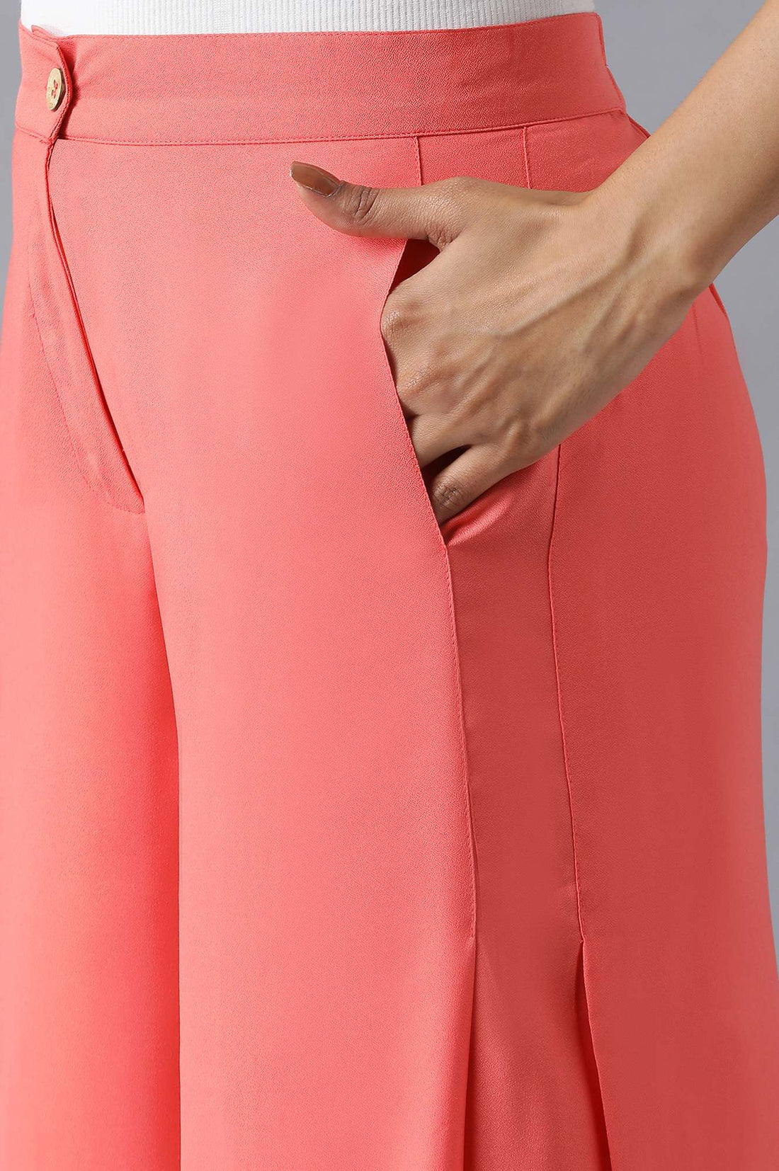 Pink Solid Flared Woven Palazzo With Side Pleats