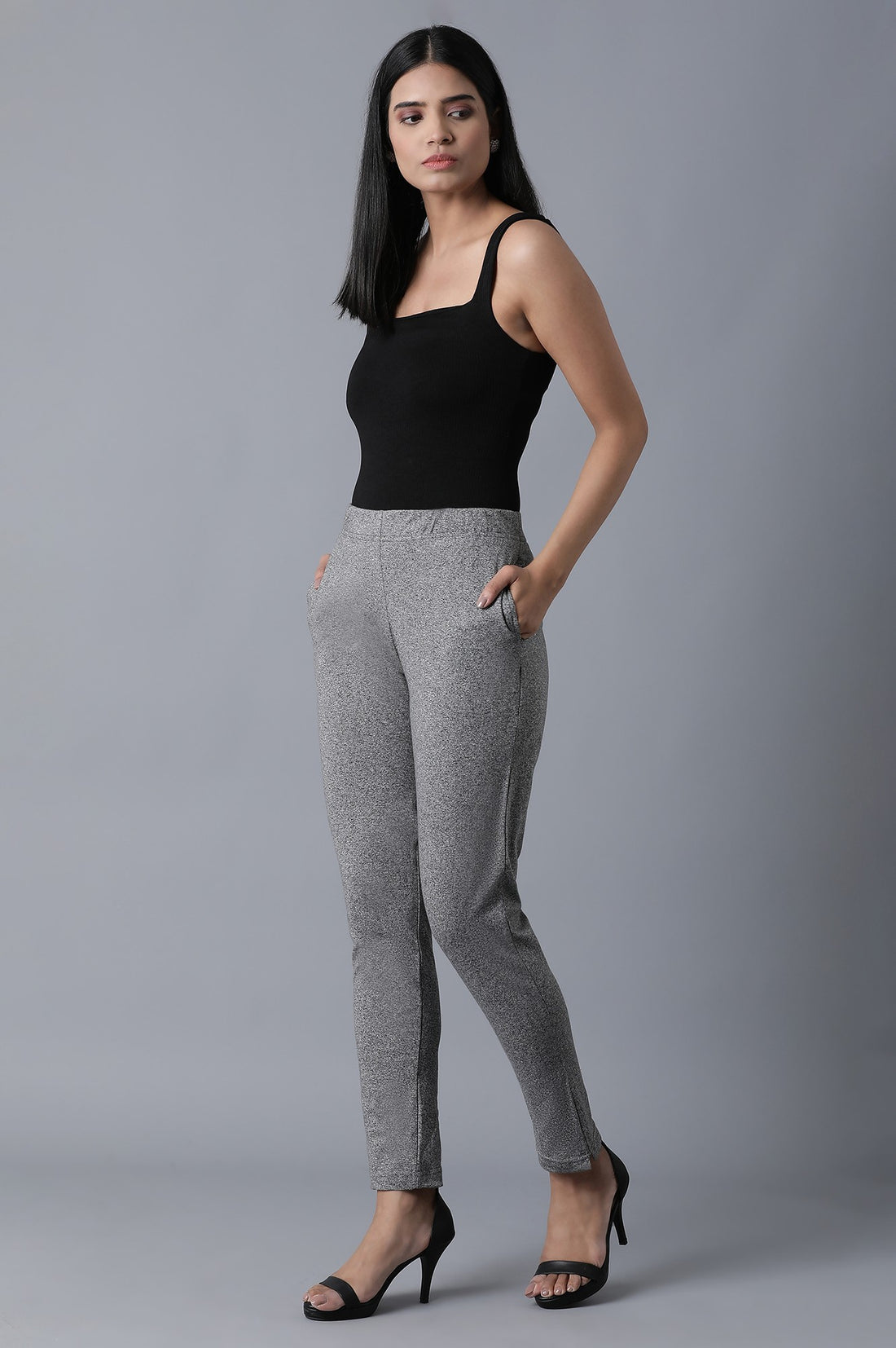 Grey Solid Straight Fit Cotton Palazzo With Elasticated Waist
