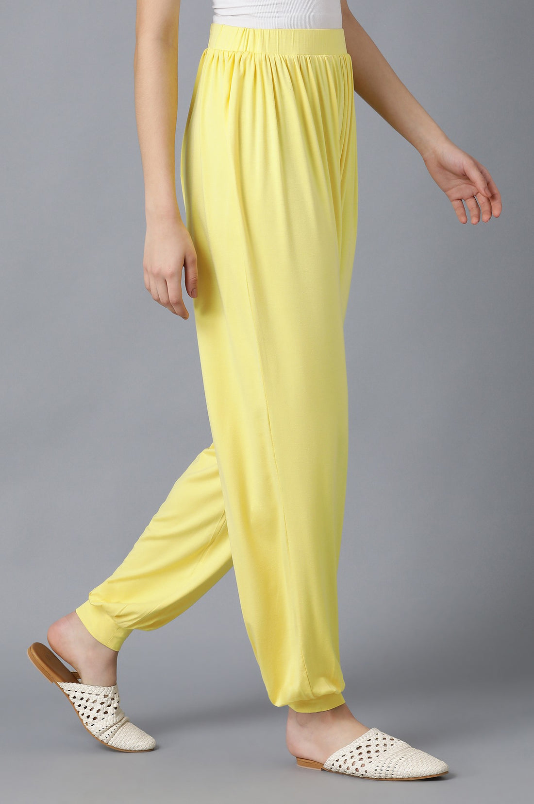 Yellow Solid Flared Pants With Elasticated Waist